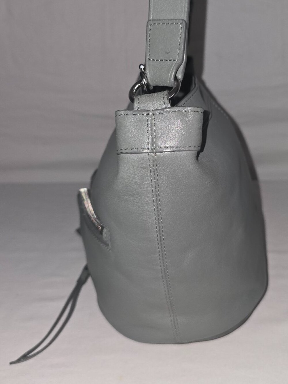 All Saints Fetch Mink Gray Leather Crossbody Bag With Whipstitch Top Handle - Picture 2 of 8